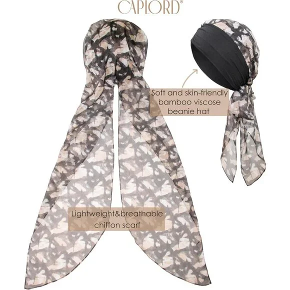 Women’s Black Beige Scarf Skull Cap Chemo Headwear Hair Loss Turban